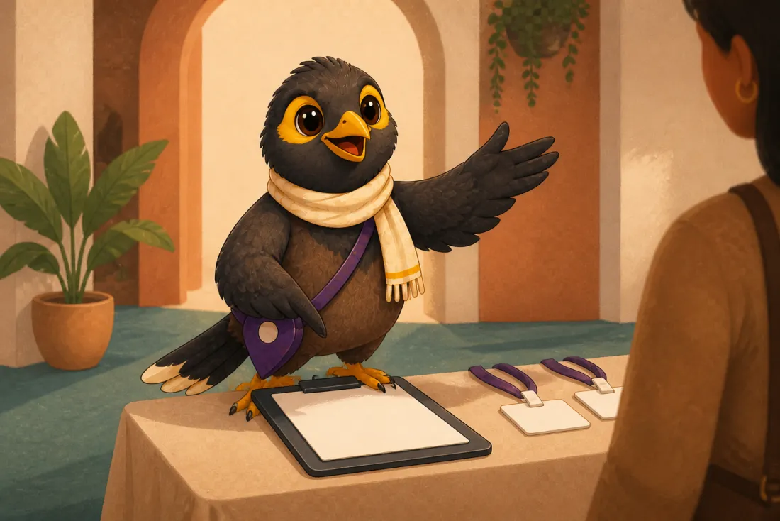The Sangaathi mascot at event check-in