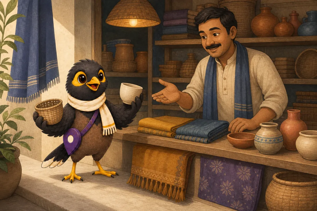 The Sangaathi mascot talking to a shopkeeper